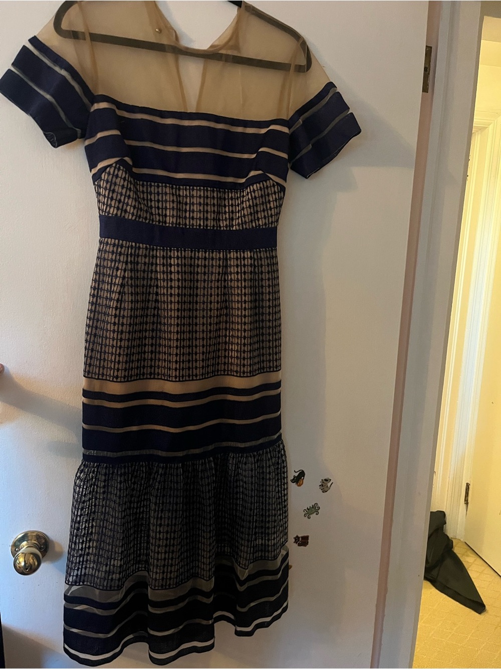Self-Portrait Navy and Beige Striped Midi Dress